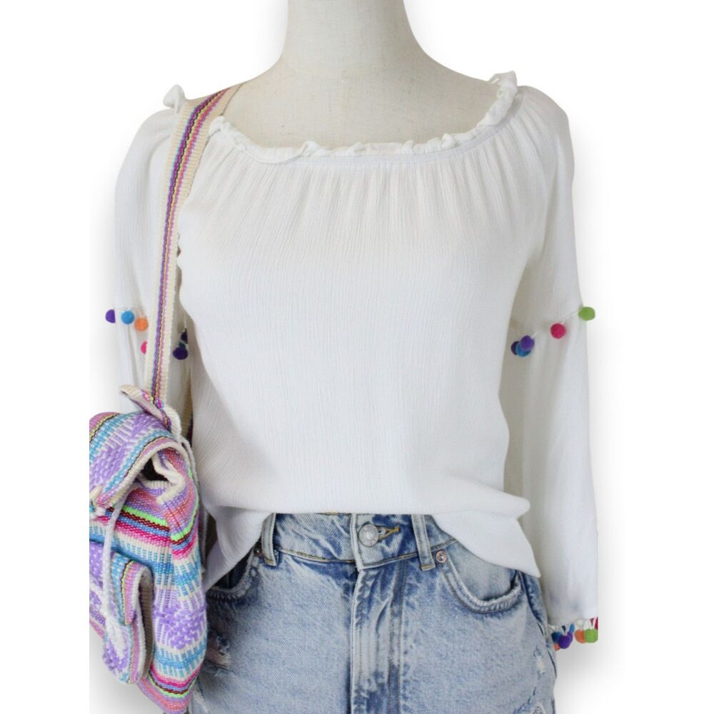 Very J White Off Shoulder Pom Pom Boho Peasant Top Bell Sleeve SM